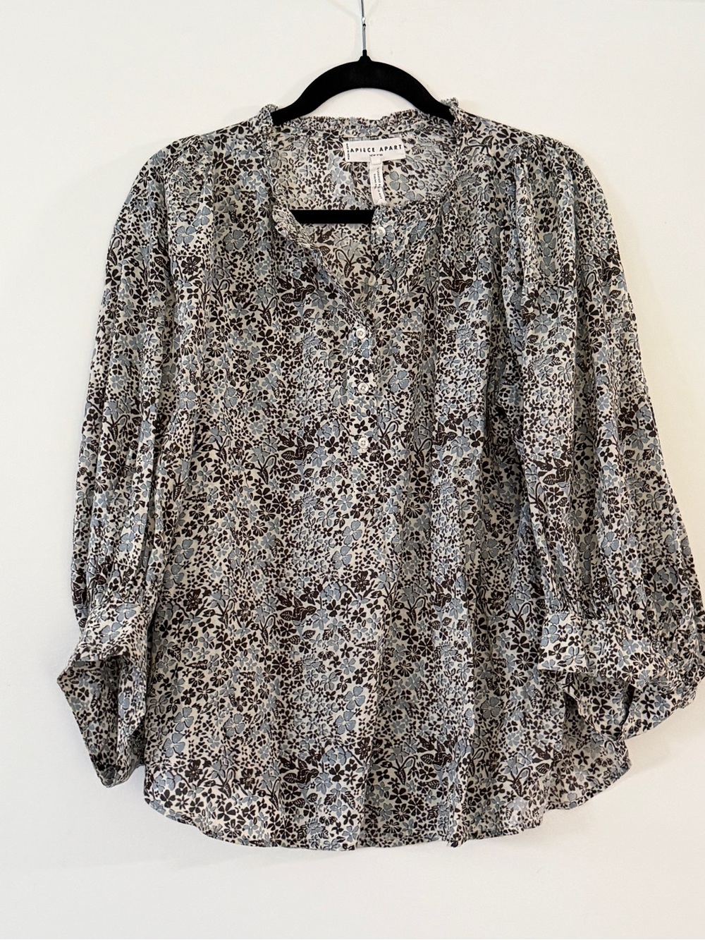 Apiece Apart Floral Button-Down Blouse - Blue & Brown Print - Size 8 / M